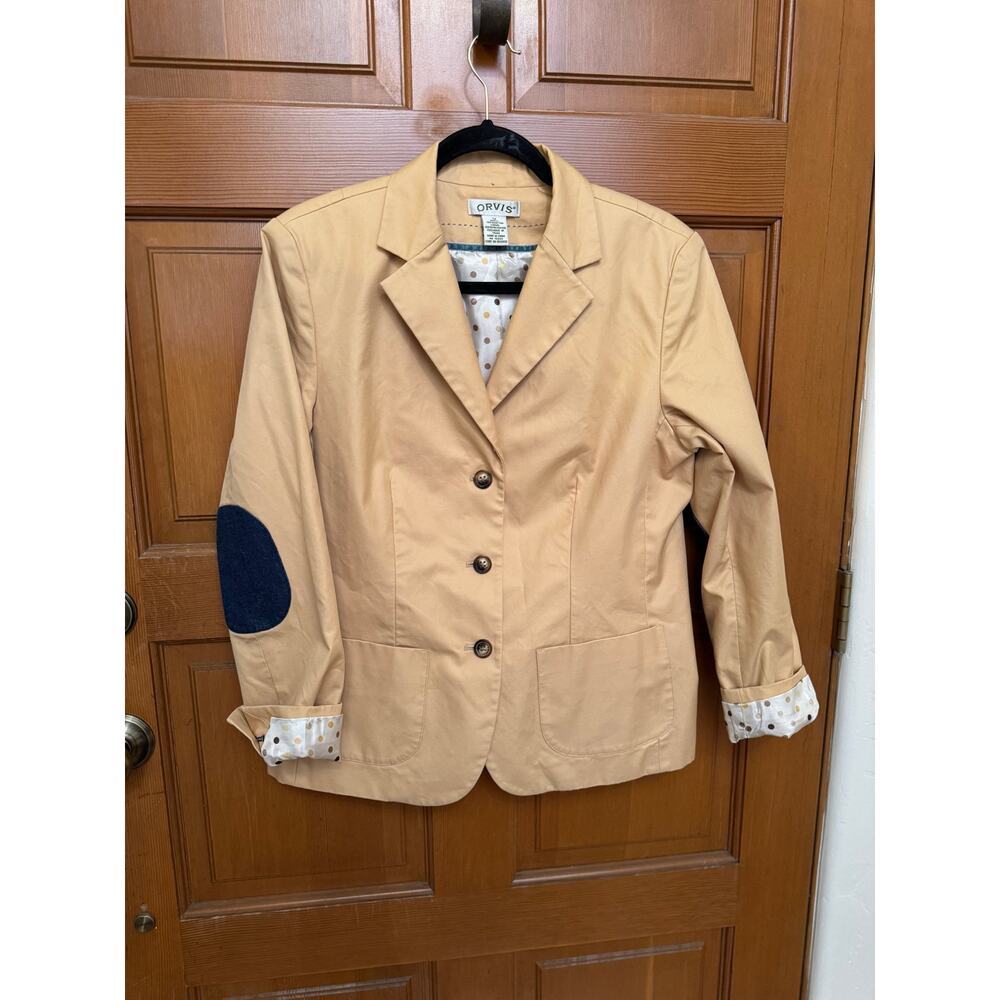 Vintage Orvis Tan 3-Button Jacket Elbow Patches Satin Polka Dot Lining Size 12